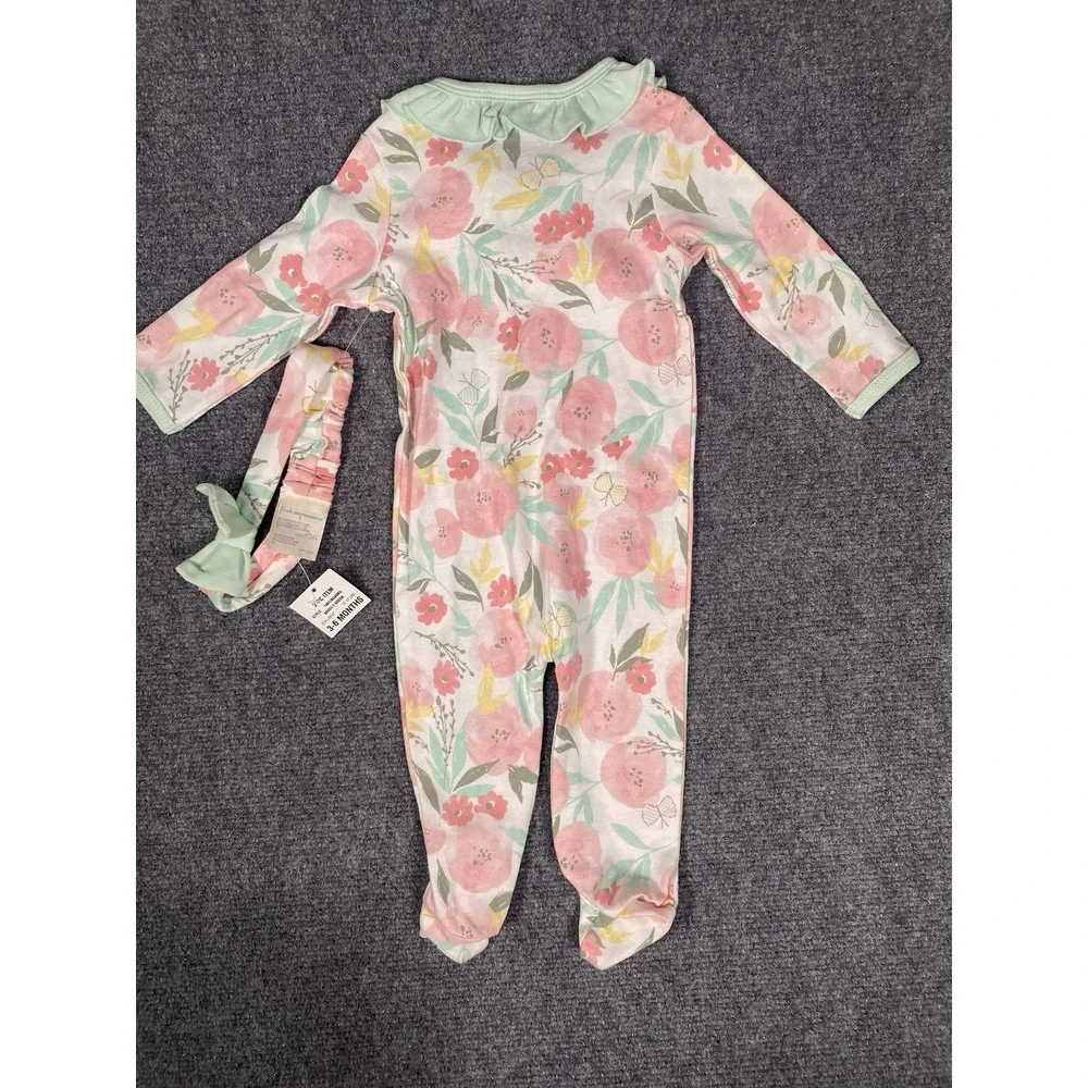 Brand New First Impressions Footie Sleeper Girl 3-6‎ Months Pink Floral headband